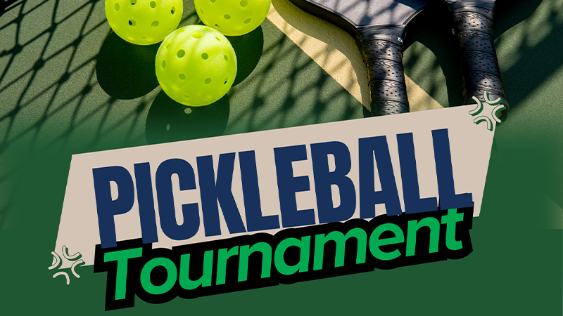 A pickleball tournament poster with three neon yellow balls and two paddles on a green background.