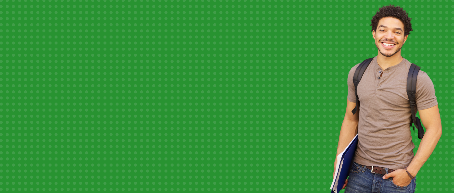 Banner promoting early registration for Fall and Summer 2026, featuring a smiling young man with a backpack on a green background.