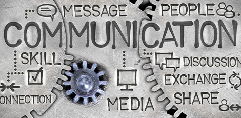 An infographic with a metallic theme with words centered around communication