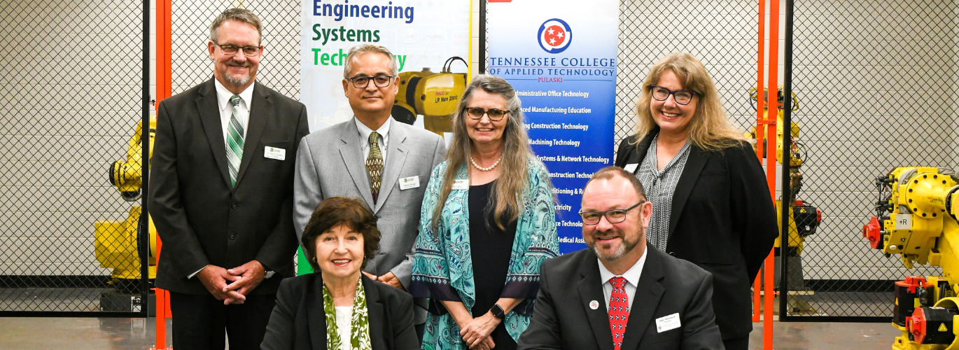 Pictured (standing, left to right): Dr. Dearl Lampley, Columbia State vice president for the Williamson Campus and external services; Mehran Mostajir, Columbia State program director of engineering systems technology; Joni Lenig, Columbia State vice president for academic affairs; and Wendy Hopper, TCAT Pulaski vice president of instruction and operations. (Sitting, left to right): Dr. Janet F. Smith, Columbia State president and Mike Whitehead, TCAT Pulaski president.