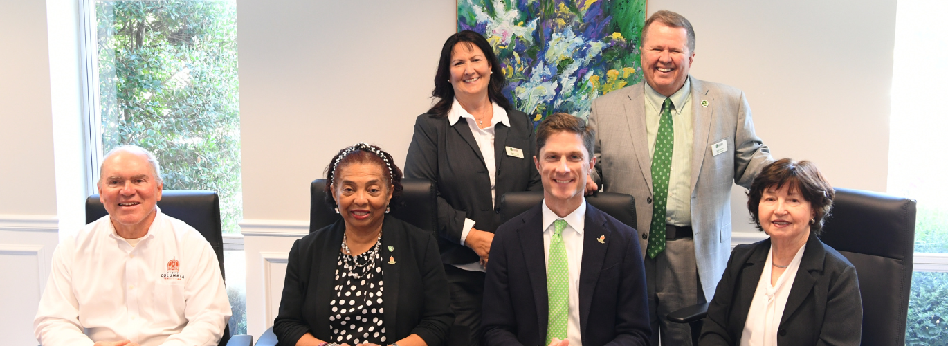Pictured (Front row, left to right): Bethany Lay, Columbia State vice president for advancement and executive director of the Columbia State Foundation and Rick Graham, Columbia State development officer. (Back row, left to right): Kenny Marshall, Ward 4 council member for City of Columbia; Dr. Christa Martin, Columbia vice mayor and Columbia State assistant to the president for access and diversity; Chaz Molder, Columbia mayor; and Dr. Janet F. Smith, Columbia State president. 