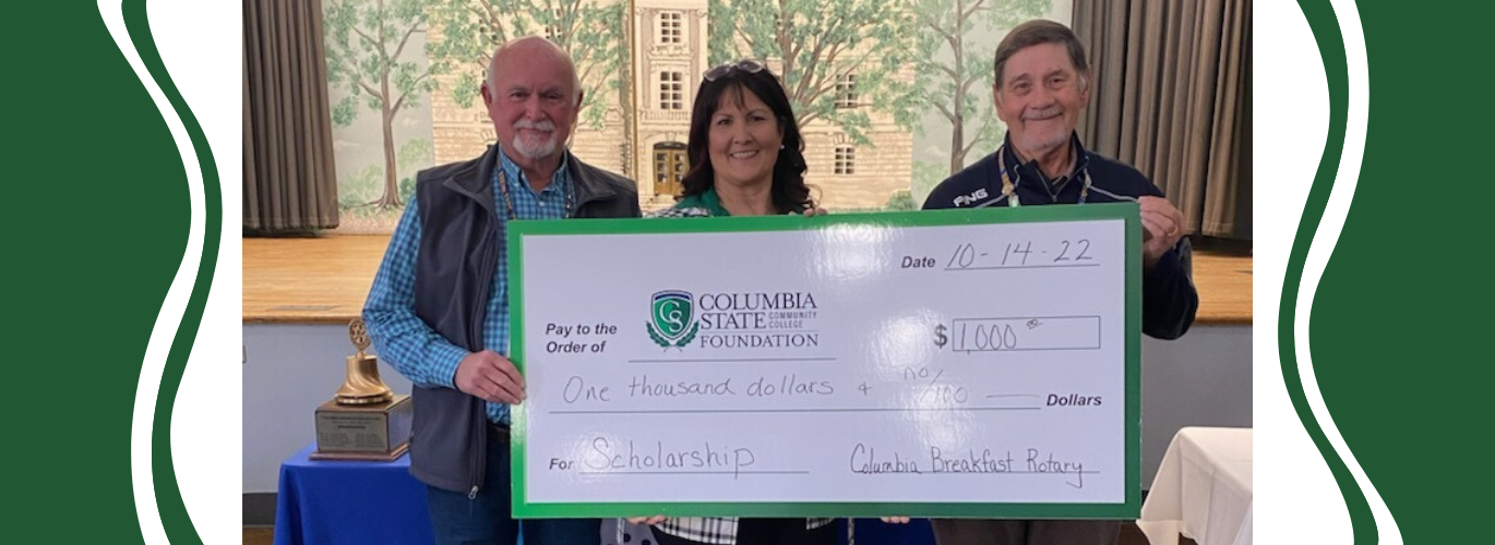 Pictured (left to right): Denny Beaver, Columbia Breakfast Rotary Club president; Bethany Lay, Columbia State vice president for advancement and executive director of the Columbia State Foundation; and Eddie Ables, Breakfast Rotarian and scholarship committee member.