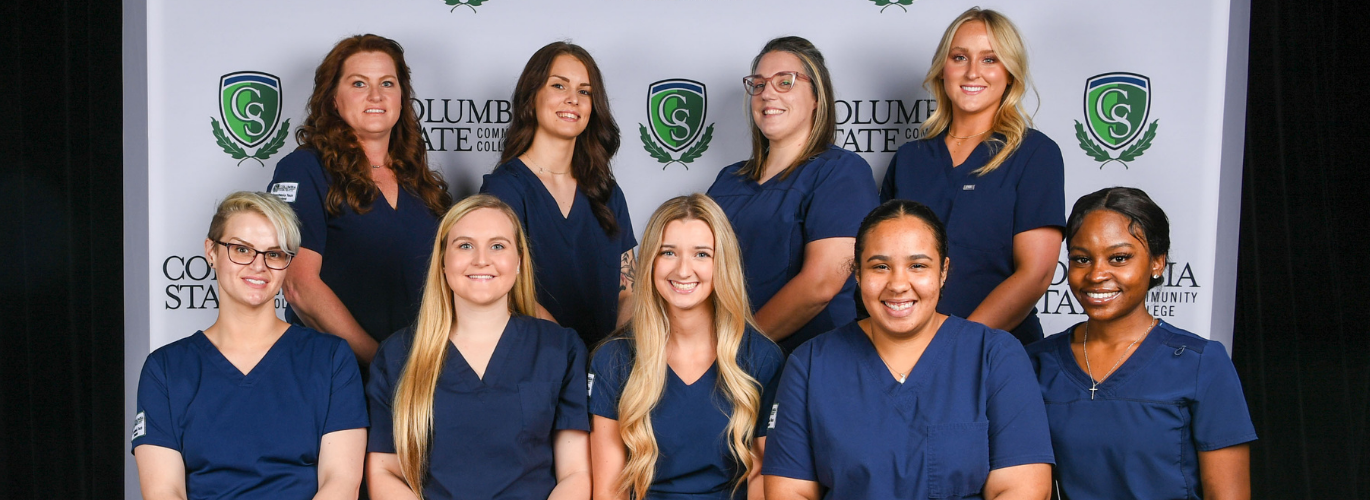 Columbia State Spring 2022 Anesthesia Technology graduates (standing, left to right): Jessica Doak, Savannah Hovind, Amy Lovett and Harper Brewer. (Sitting, left to right): Victoria Jaggers, Hayden Brunt, Sara Brown, Malaya Neese and Blair Peters.