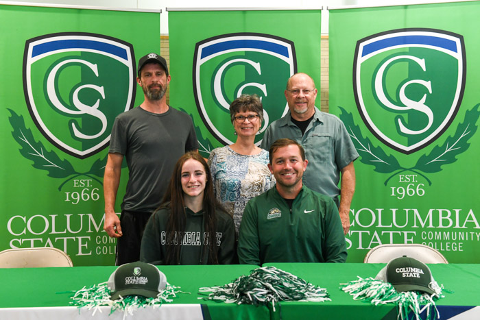 Carmen Perkins with her family and Kean Barclay, Columbia State women’s soccer coach, at signing day for Columbia State women’s soccer 2023 season.