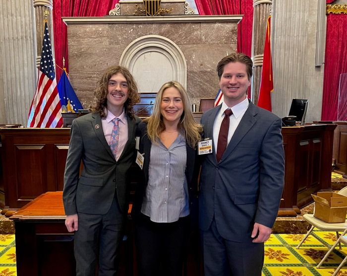 Columbia State students (left to right) Jaeden Kennedy, Lydia Knobloch and Rodney Bakken II following the close of the Tennessee Intercollegiate State Legislature 53rd General Assembly session.