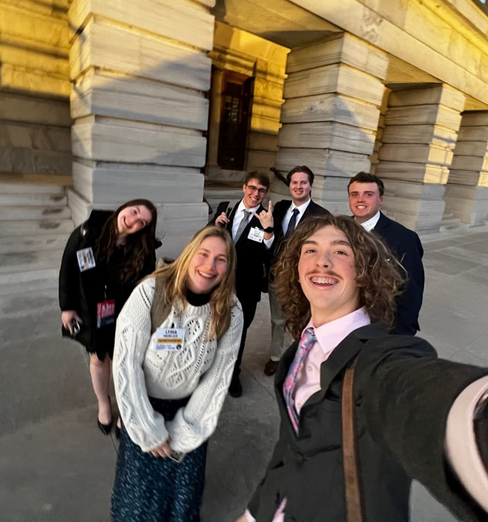 Columbia State students snap a selfie at the Tennessee Intercollegiate State Legislature 53rd General Assembly. Pictured (back, left to right): Annaleisa Matzirakis, Reese Harrub, Rodney Bakken II and Lake Bates. Front (left to right): Lydia Knobloch and Jaeden Kennedy.