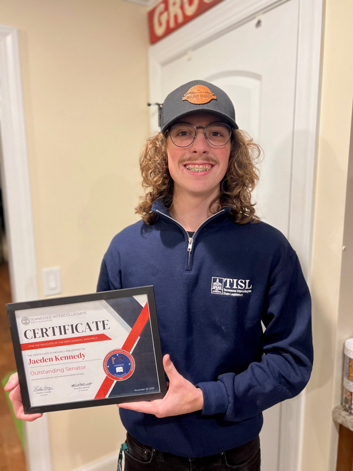 Columbia State student Jaeden Kennedy wins Outstanding Senator award at the Tennessee Intercollegiate State Legislature 53rd General Assembly.