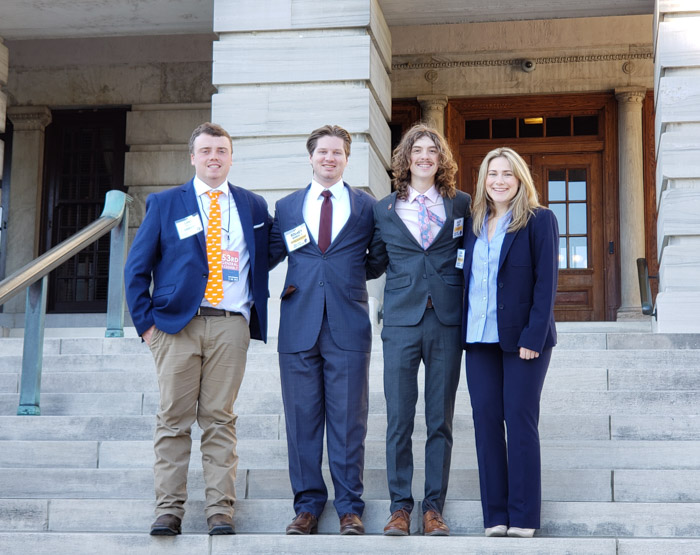 Columbia State students at the Tennessee Intercollegiate State Legislature 53rd General Assembly at the Historic Tennessee State Capitol in Downtown Nashville. Pictured (left to right): Lake Bates, Rodney Bakken II, Jaeden Kennedy and Lydia Knobloch.