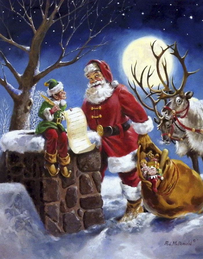 Painting of Santa and elf checking naughty list