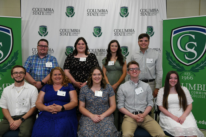 Pictured (standing, left to right): Cody L. Frazier received the U.S. History Academic Discipline Award and was honored for serving as Phi Theta Kappa treasurer; Abigail Grace Hanson was honored as a TRiO Student Support Services graduate; Annalee M. Smith received the Veterinary Technology Academic Discipline Award and an Academic Excellence Award; and Eric Wilkinson received an Academic Excellence Award. Sitting (left to right): Ryan Oneal Beard was selected as an All-USA Academic Team and Tennessee Board of Regents SOAR Award nominee as well as received the Biology academic discipline award, an Academic Excellence Award, and is the Carolyn Allred/Lewis Moore Outstanding Student recipient; Sarah N. Frazier was honored for serving as the Veterans Student Organization president; Mackenzie Delight Bivens received the Leadership Award for the Lawrence Campus and was honored as a Phi Theta Kappa representative for the Lawrence Campus and as part of the All-Tennessee Workforce Pathway Academic Team; Jason Seth Risner received an Academic Excellence Award; and Meghan N. Escue received an Academic Excellence Award and was honored as a TRiO Student Support Services graduate. Not pictured: Cheryl M. Adams was honored as a TRiO Student Support Services graduate; Elizabeth Pearl Alford was honored as a TRiO Student Support Services graduate; Abigail Renee Bridges was honored for serving as the Student Government Association House of Representatives-Columbia Campus; Gavin Burleson received a TCCAA Second Team All-Academic Athletics Men's Basketball award; Lindsay N. Dixon and Braxton Todd Jones received Academic Excellence awards; Joshua A. Heflin was honored as a TRiO Student Support Services graduate; Emily Jane Herring was honored as a TRiO Student Support Services graduate; Grant Franklin James received the Health and Physical Education Academic Discipline Award; Samuel Don Jones was honored as a TRiO Student Support Services graduate; Mackenzie E. Kilburn received the Economics Academic Discipline Award; Sheila Lyons was honored as a TRiO Student Support Services graduate; Tabias Sirmones received a TCCAA First Team and NJCAA Third Team All-Academic Athletics Men's Basketball award; Tori Nicole Spears received a TCCAA Second Team All-Academic Athletics Softball award; Caleb E. Staggs received the Accelerated Advanced Emergency Medical Technician Academic Discipline Award; Kaitlin Olivia Thompson was honored as a TRiO Student Support Services graduate; and Broden Z. Warner received an Academic Excellence Award.