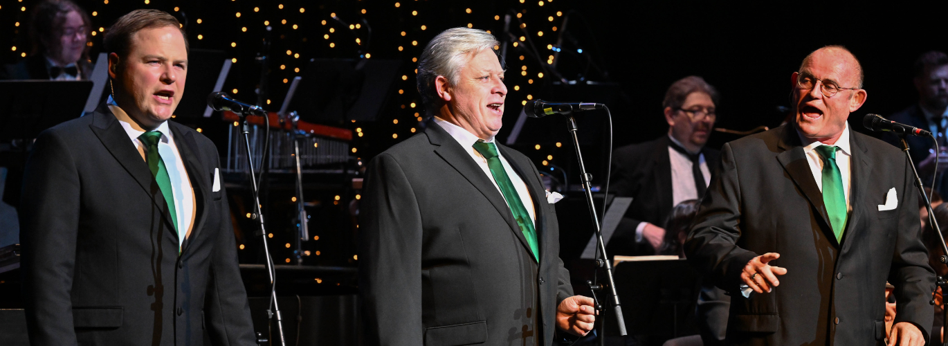 Pictured (left to right): Irish Tenors Patrick Hyland, Anthony Kearns and Dr. Ronan Tynan perform alongside an 18-piece orchestra at Columbia State’s Cherry Theater.