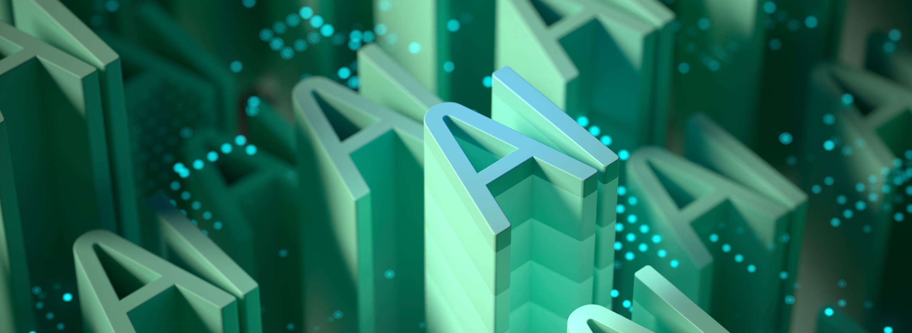 Abstract 3D illustration of the letters “AI” repeated in shades of green, surrounded by glowing blue particles, representing artificial intelligence and digital technology.