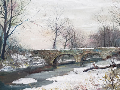 painting of bridge in winter