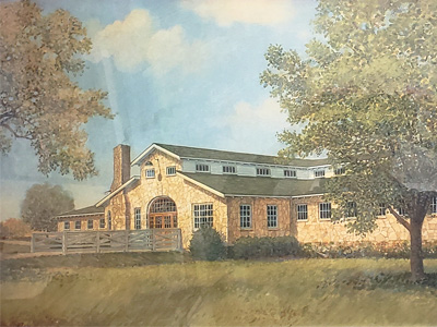 painting of building and field