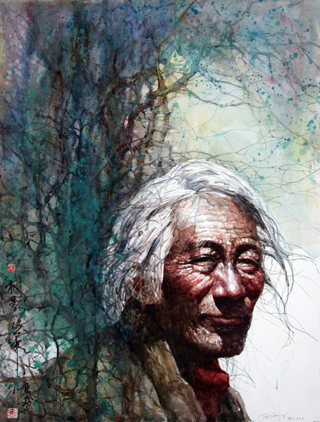 Painting of Native American in Woods